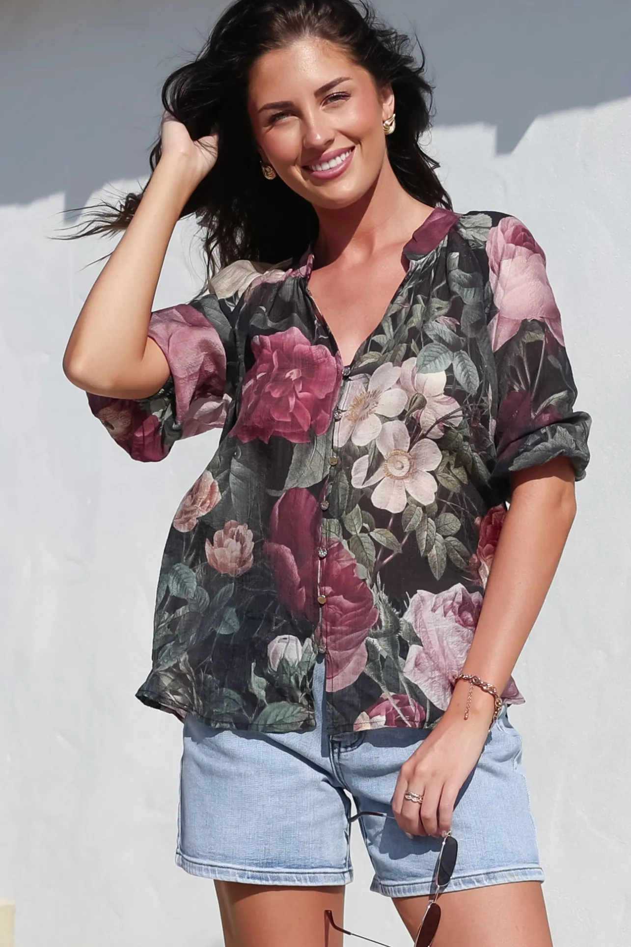 Cecilia Top - Mandarin Collar Button-Down with Half Balloon Sleeves in Annalisa Print>Salty Crush Sale