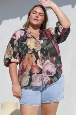Cecilia Top - Mandarin Collar Button-Down with Half Balloon Sleeves in Annalisa Print><noscript><img width=