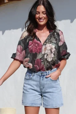 Cecilia Top - Mandarin Collar Button-Down with Half Balloon Sleeves in Annalisa Print><noscript><img width=