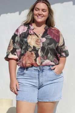 Cecilia Top - Mandarin Collar Button-Down with Half Balloon Sleeves in Annalisa Print><noscript><img width=