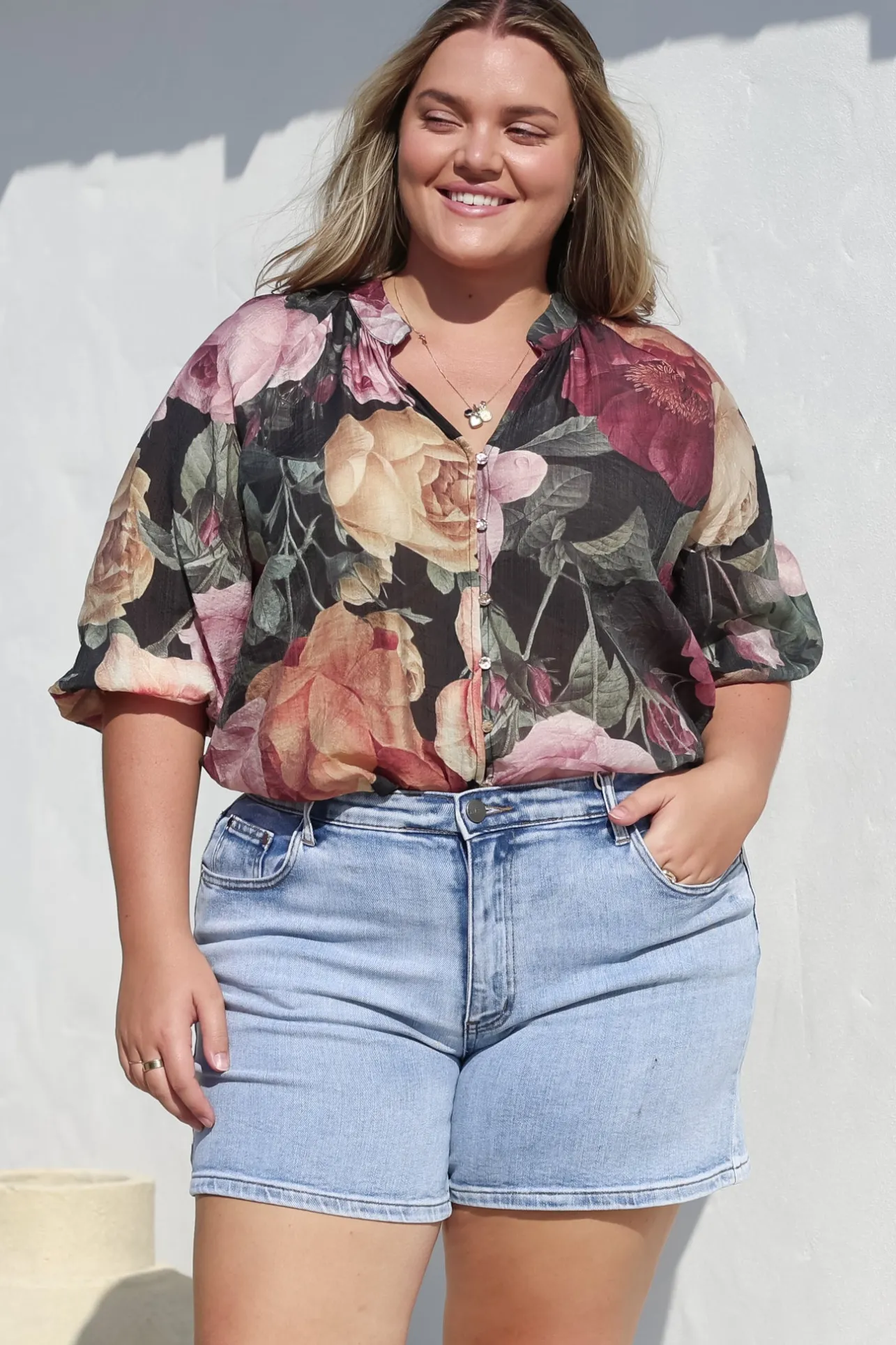 Cecilia Top - Mandarin Collar Button-Down with Half Balloon Sleeves in Annalisa Print>Salty Crush Sale