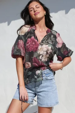 Cecilia Top - Mandarin Collar Button-Down with Half Balloon Sleeves in Annalisa Print><noscript><img width=