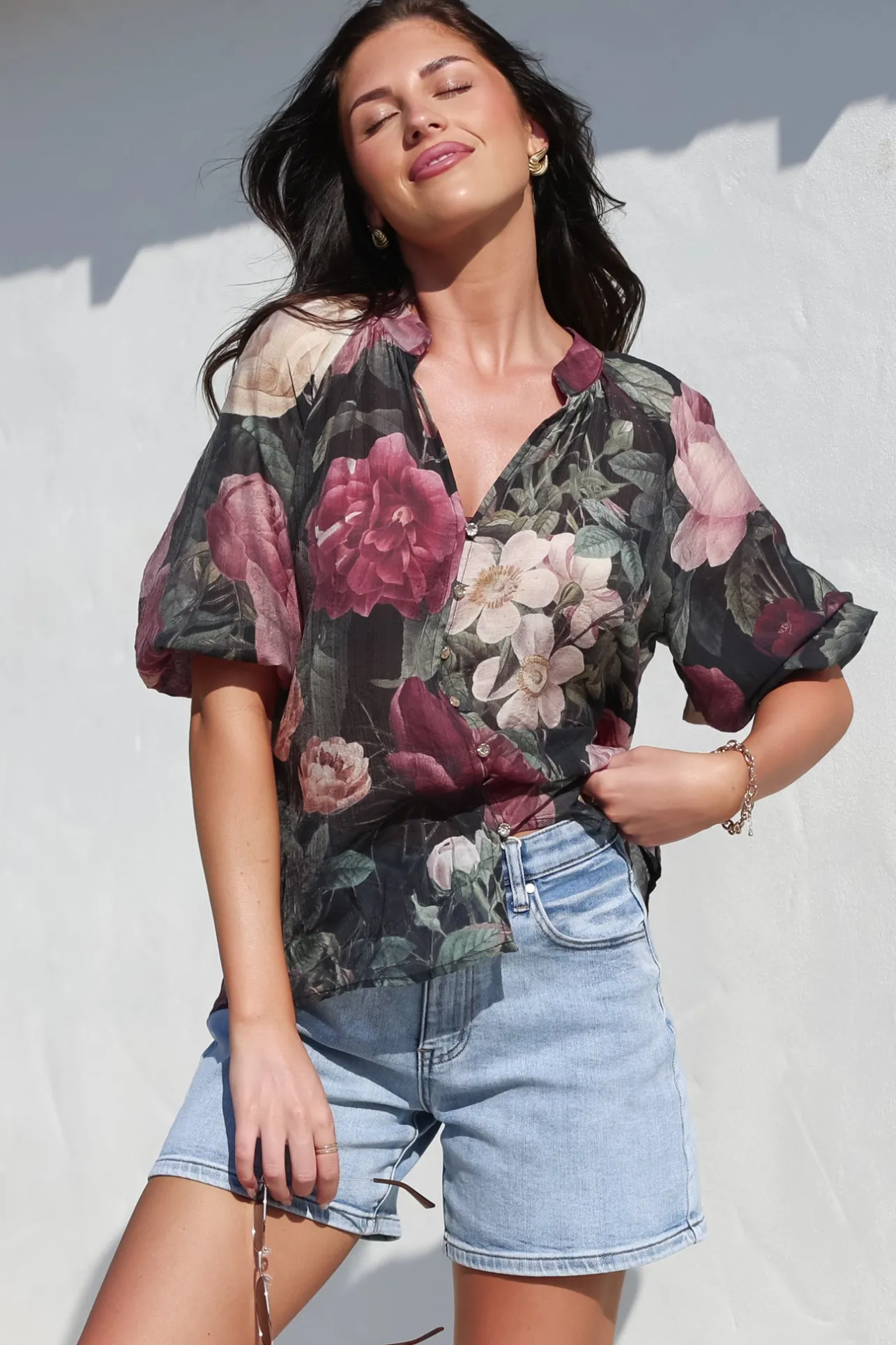 Cecilia Top - Mandarin Collar Button-Down with Half Balloon Sleeves in Annalisa Print>Salty Crush Sale