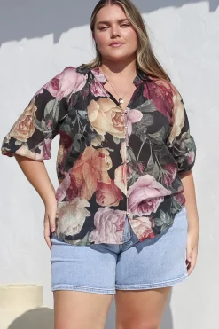 Cecilia Top - Mandarin Collar Button-Down with Half Balloon Sleeves in Annalisa Print><noscript><img width=
