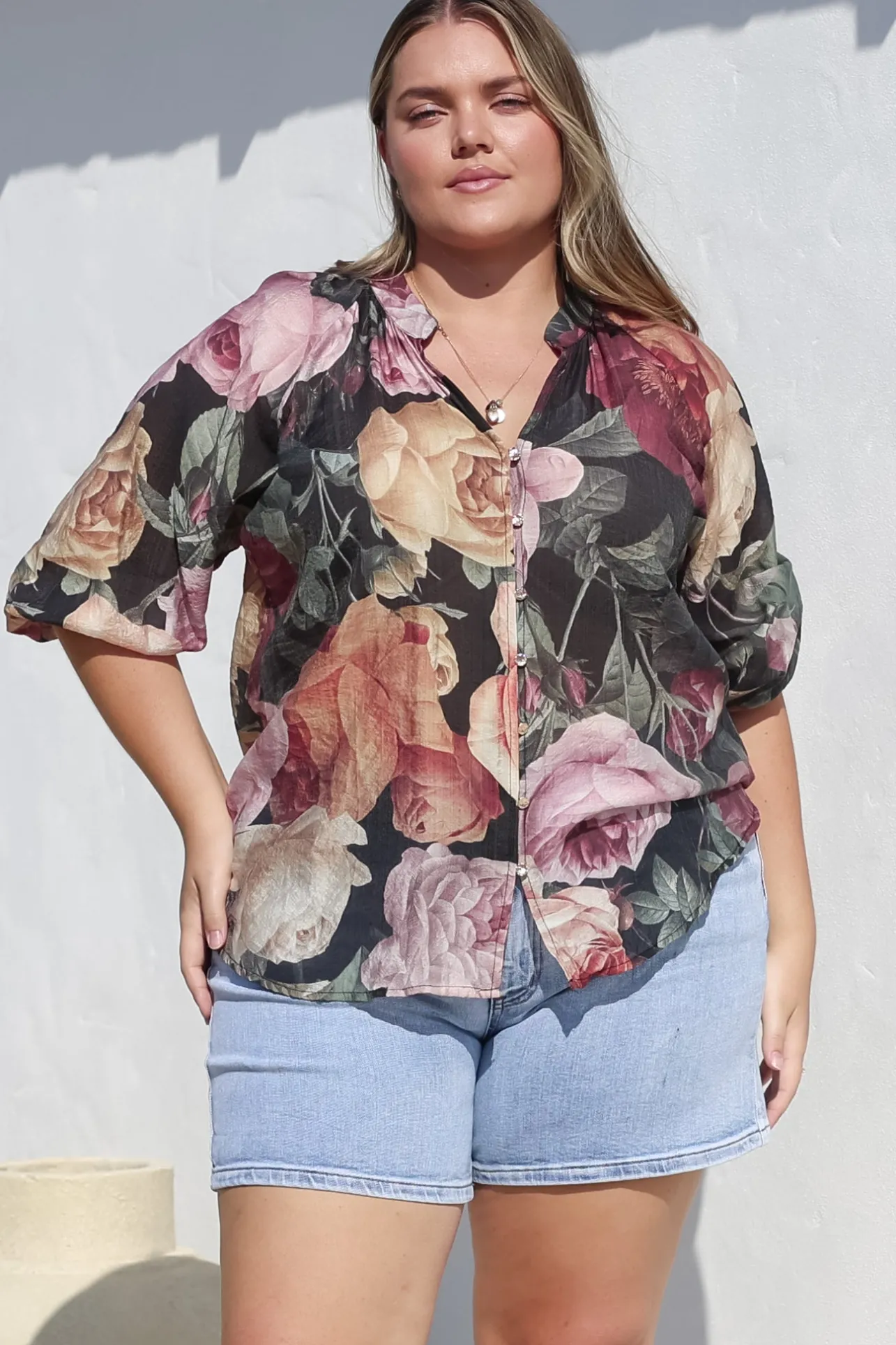 Cecilia Top - Mandarin Collar Button-Down with Half Balloon Sleeves in Annalisa Print>Salty Crush Sale