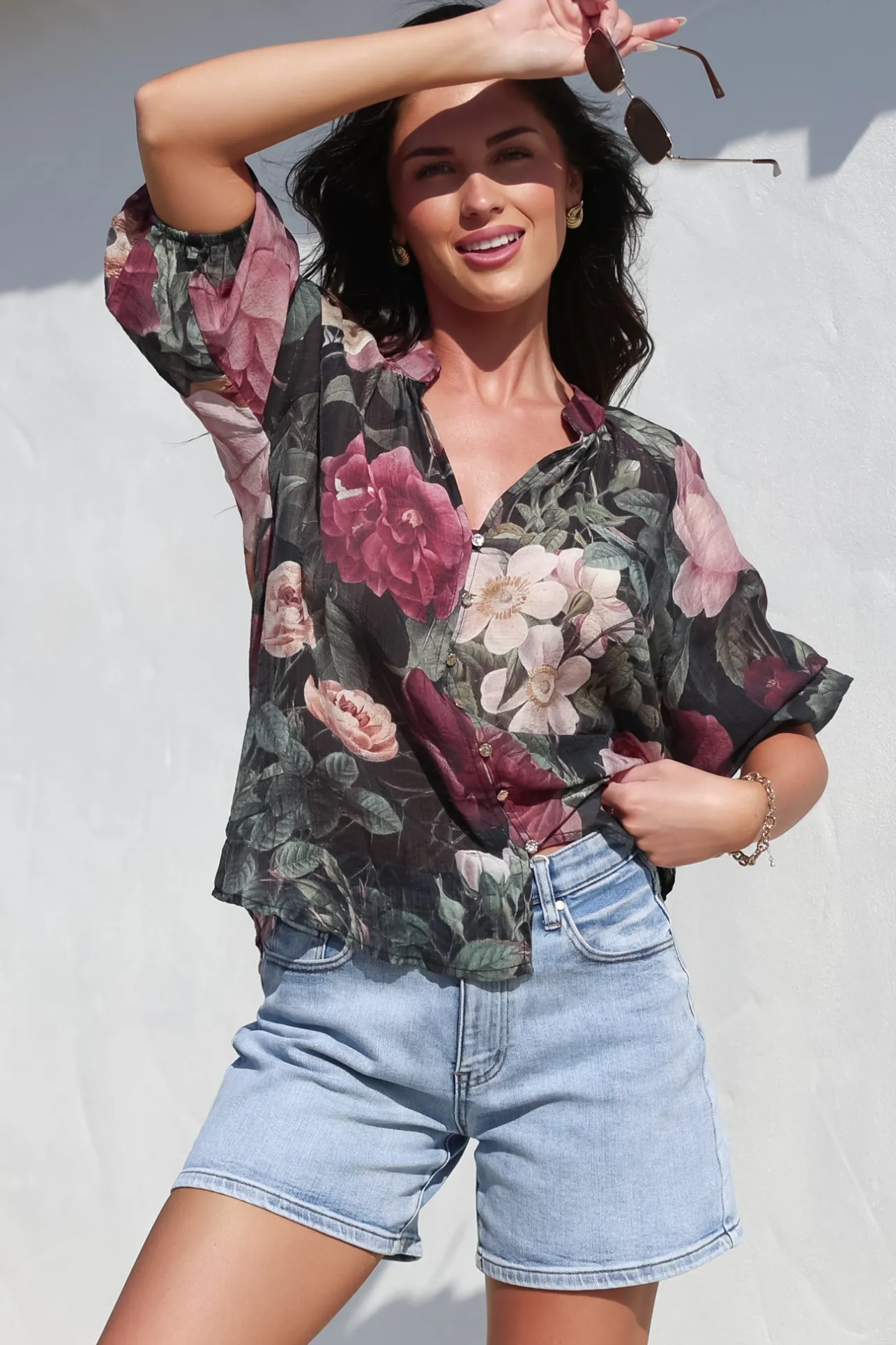 Cecilia Top - Mandarin Collar Button-Down with Half Balloon Sleeves in Annalisa Print>Salty Crush Sale