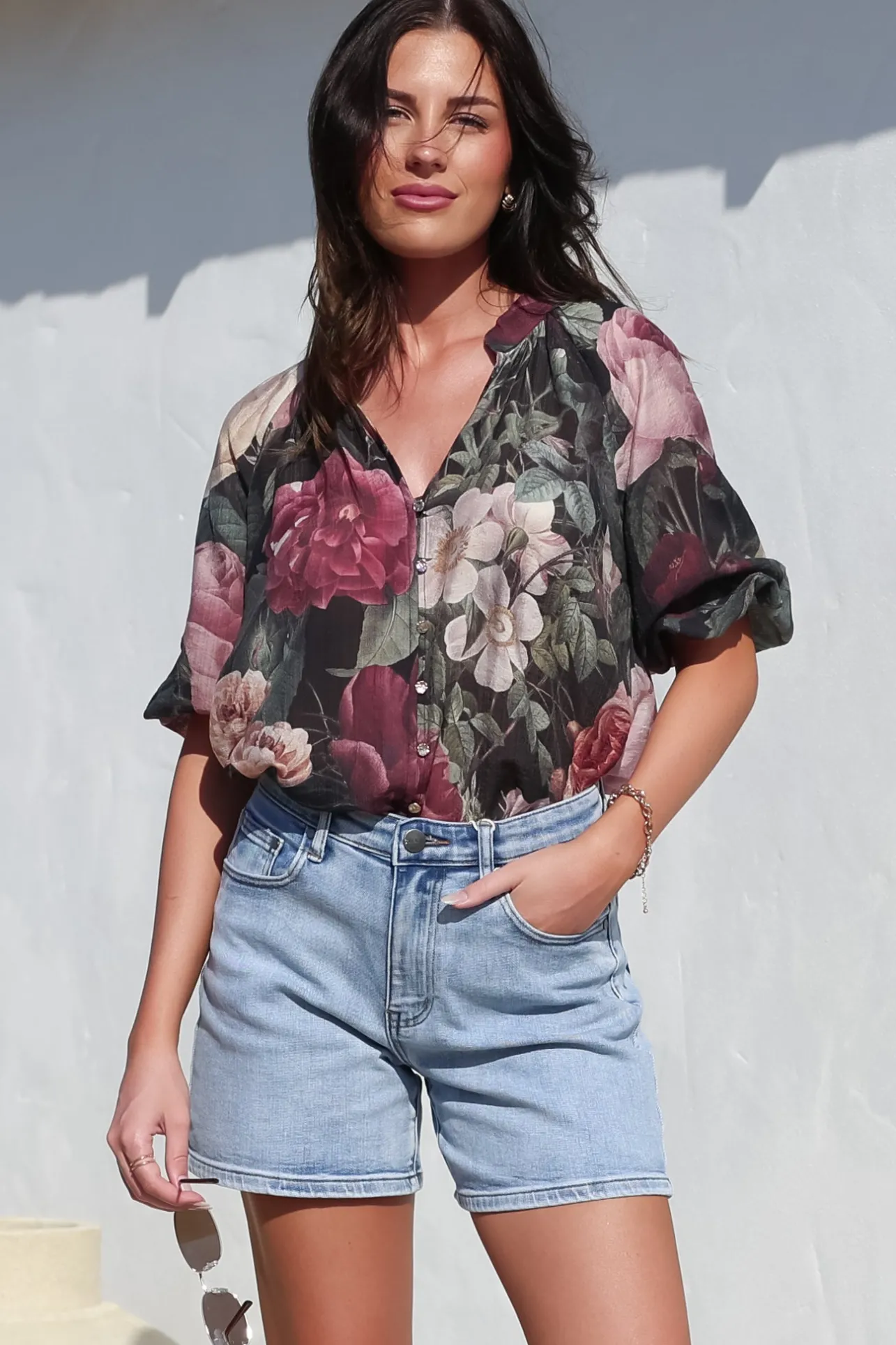 Cecilia Top - Mandarin Collar Button-Down with Half Balloon Sleeves in Annalisa Print>Salty Crush Sale