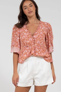 Celine Top - Ruffle Trim Pull Over with 3/4 Sleeves in Diantha Print><noscript><img width=