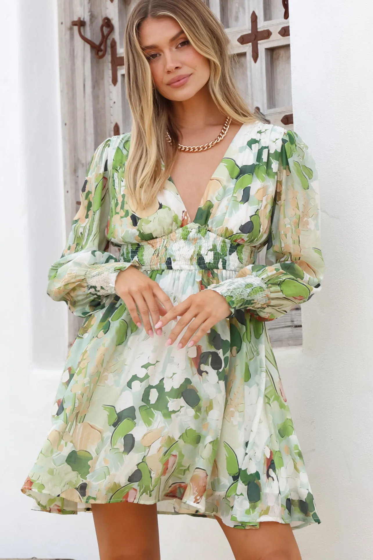 Celita Mini Dress - Deep V-Neck Dress with Flowing Skirt in Kamara Print Green>Salty Crush