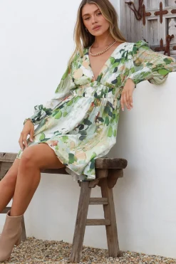 Celita Mini Dress - Deep V-Neck Dress with Flowing Skirt in Kamara Print Green><noscript><img width=