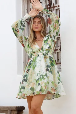 Celita Mini Dress - Deep V-Neck Dress with Flowing Skirt in Kamara Print Green><noscript><img width=