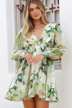 Celita Mini Dress - Deep V-Neck Dress with Flowing Skirt in Kamara Print Green><noscript><img width=