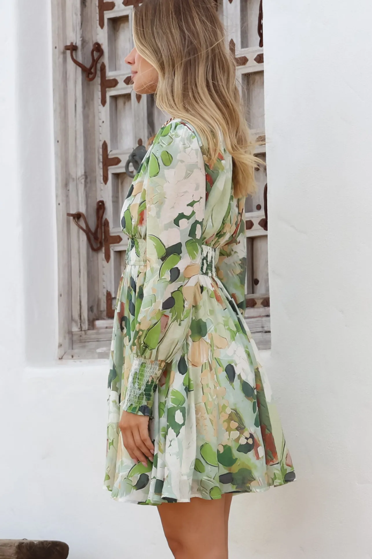 Celita Mini Dress - Deep V-Neck Dress with Flowing Skirt in Kamara Print Green>Salty Crush