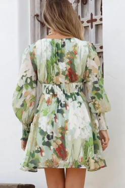 Celita Mini Dress - Deep V-Neck Dress with Flowing Skirt in Kamara Print Green><noscript><img width=