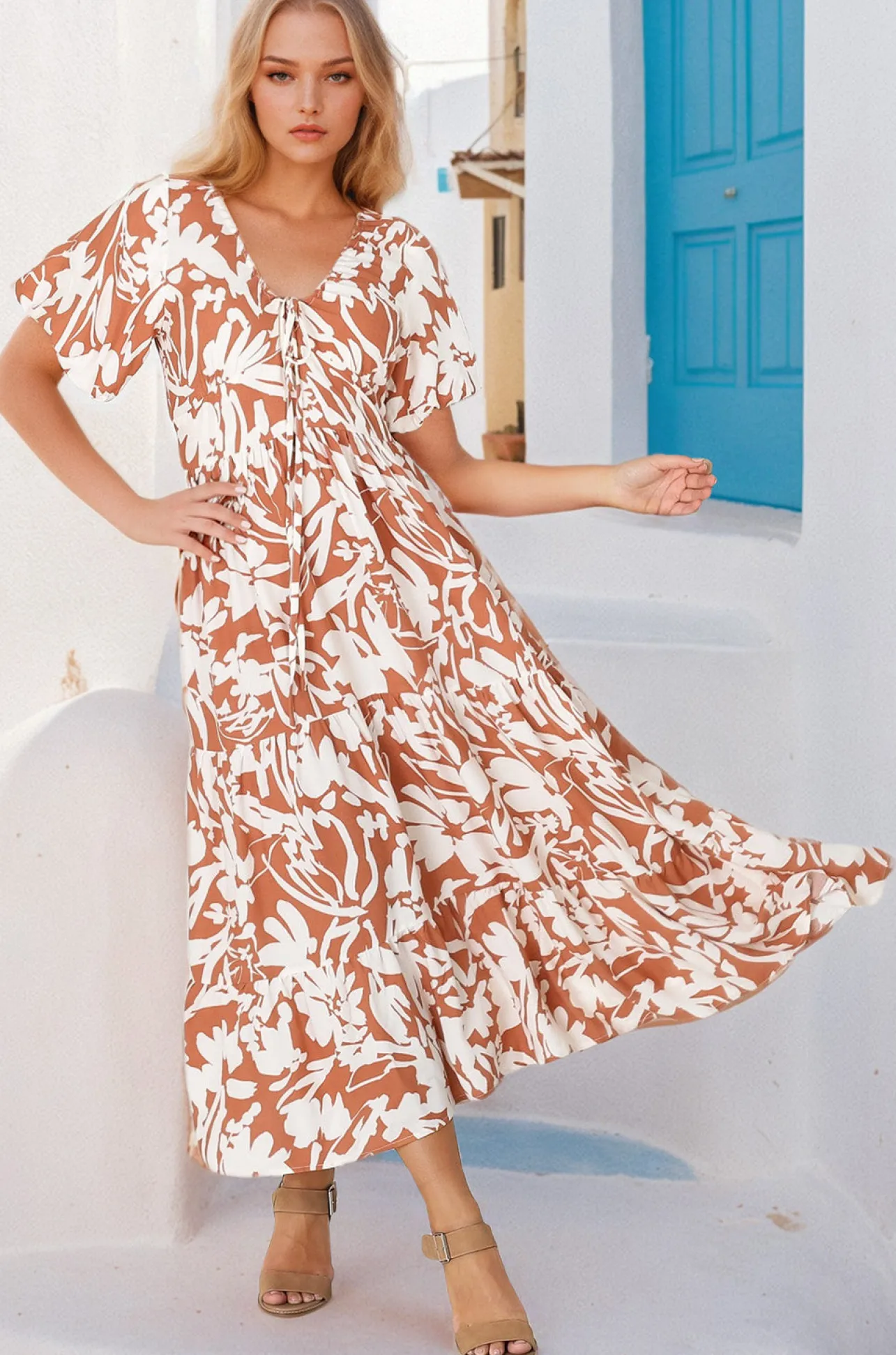 Charis Midi Dress - Pull In V Neckline Dress With Cap Balloon Sleeves In Rust>Salty Crush Sale
