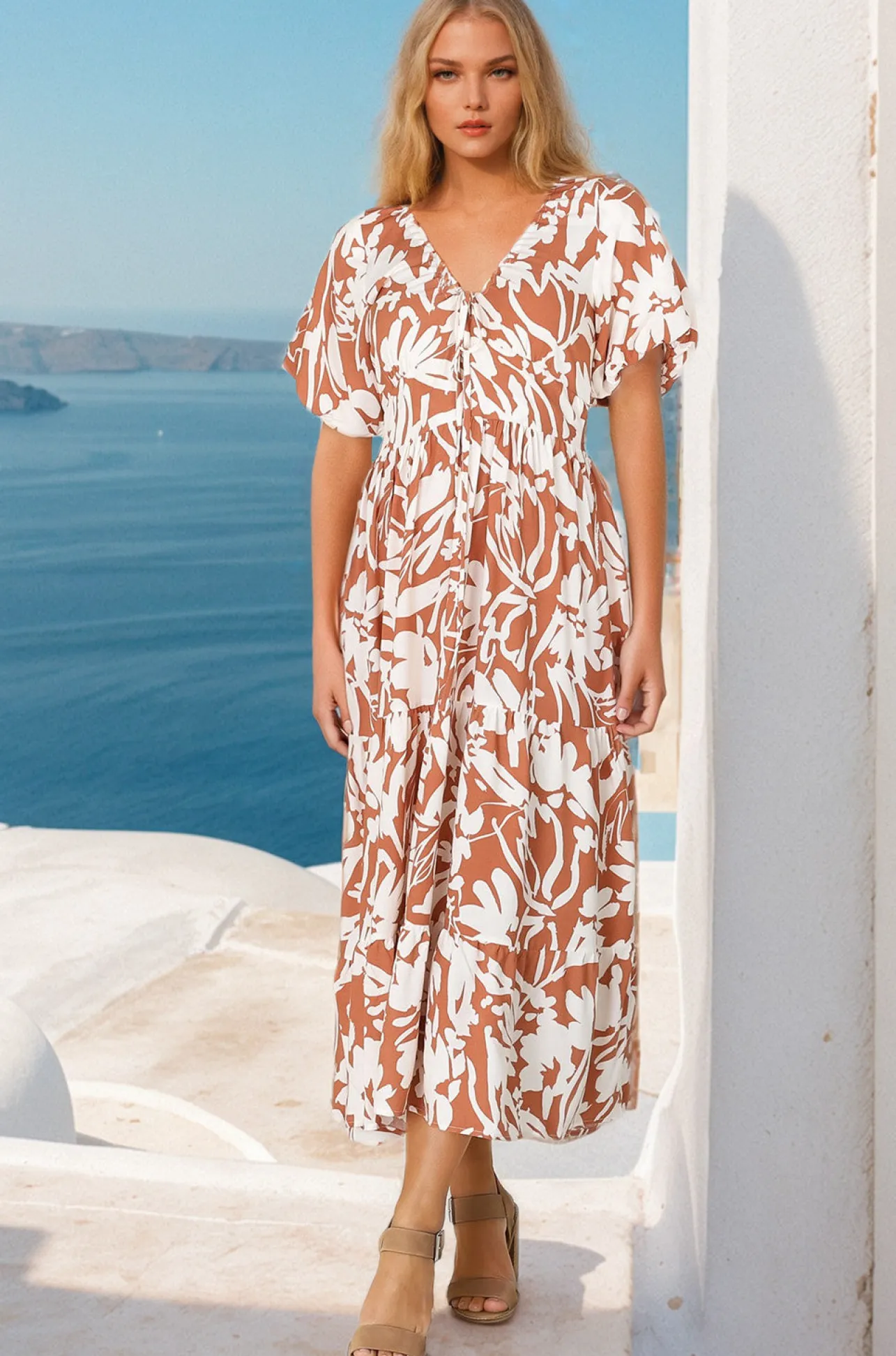 Charis Midi Dress - Pull In V Neckline Dress With Cap Balloon Sleeves In Rust>Salty Crush Sale