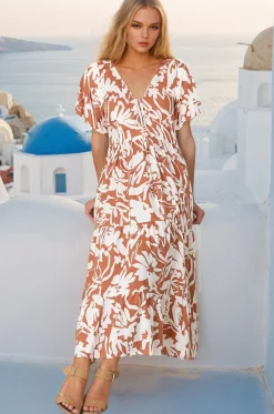 Charis Midi Dress - Pull In V Neckline Dress With Cap Balloon Sleeves In Rust><noscript><img width=