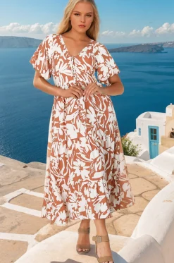 Charis Midi Dress - Pull In V Neckline Dress With Cap Balloon Sleeves In Rust><noscript><img width=