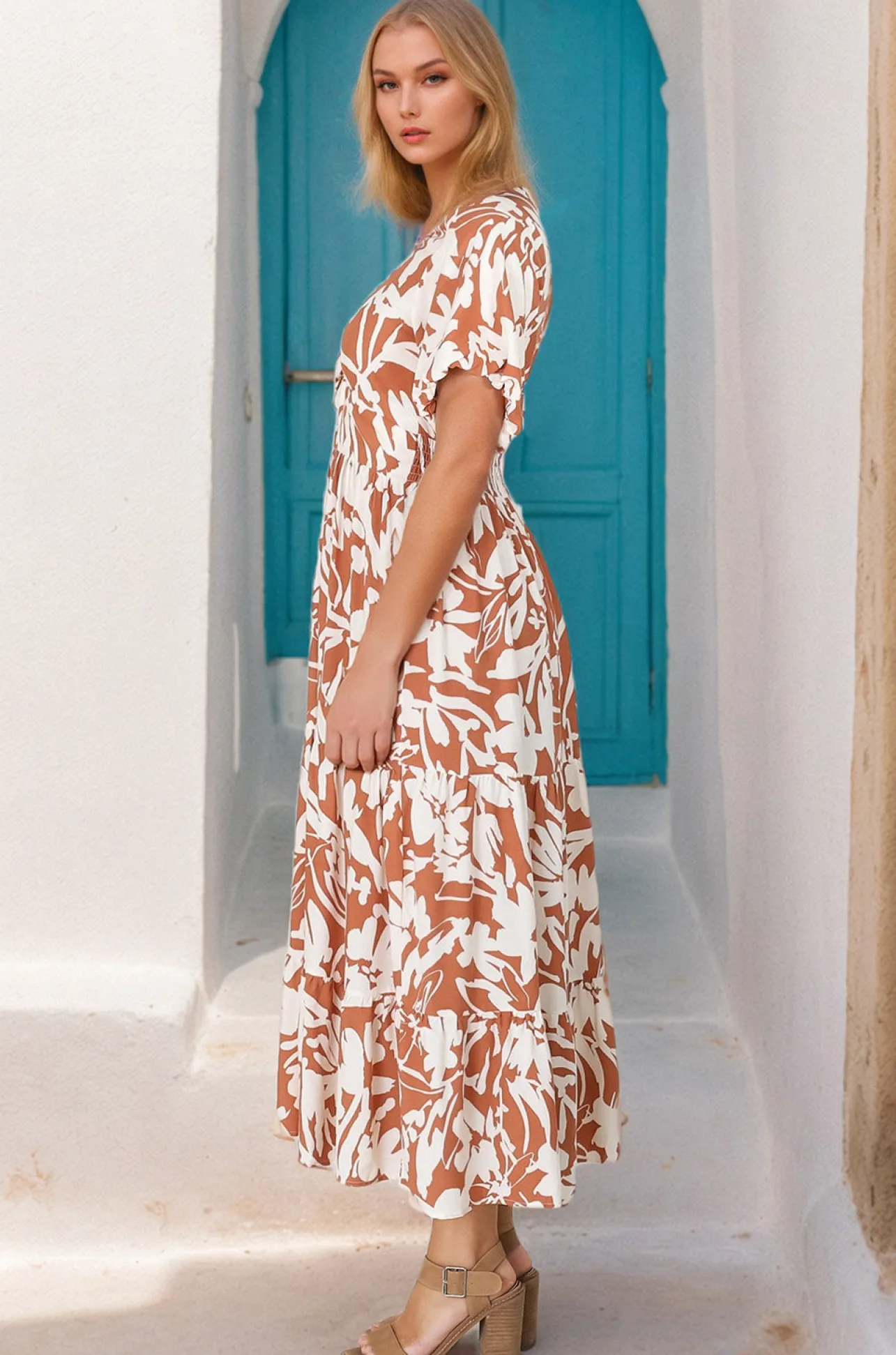 Charis Midi Dress - Pull In V Neckline Dress With Cap Balloon Sleeves In Rust>Salty Crush Sale