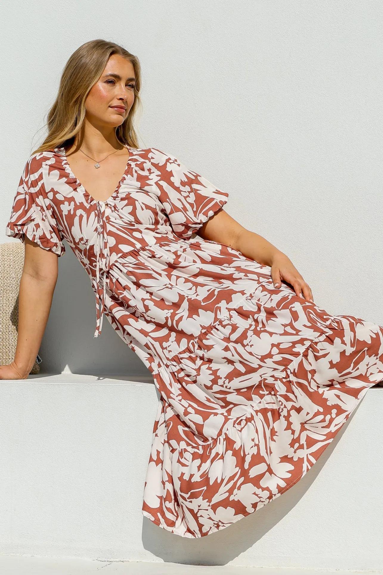 Charis Midi Dress - Pull In V Neckline Dress With Cap Balloon Sleeves In Rust>Salty Crush Sale