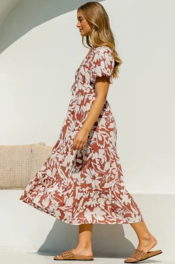 Charis Midi Dress - Pull In V Neckline Dress With Cap Balloon Sleeves In Rust><noscript><img width=