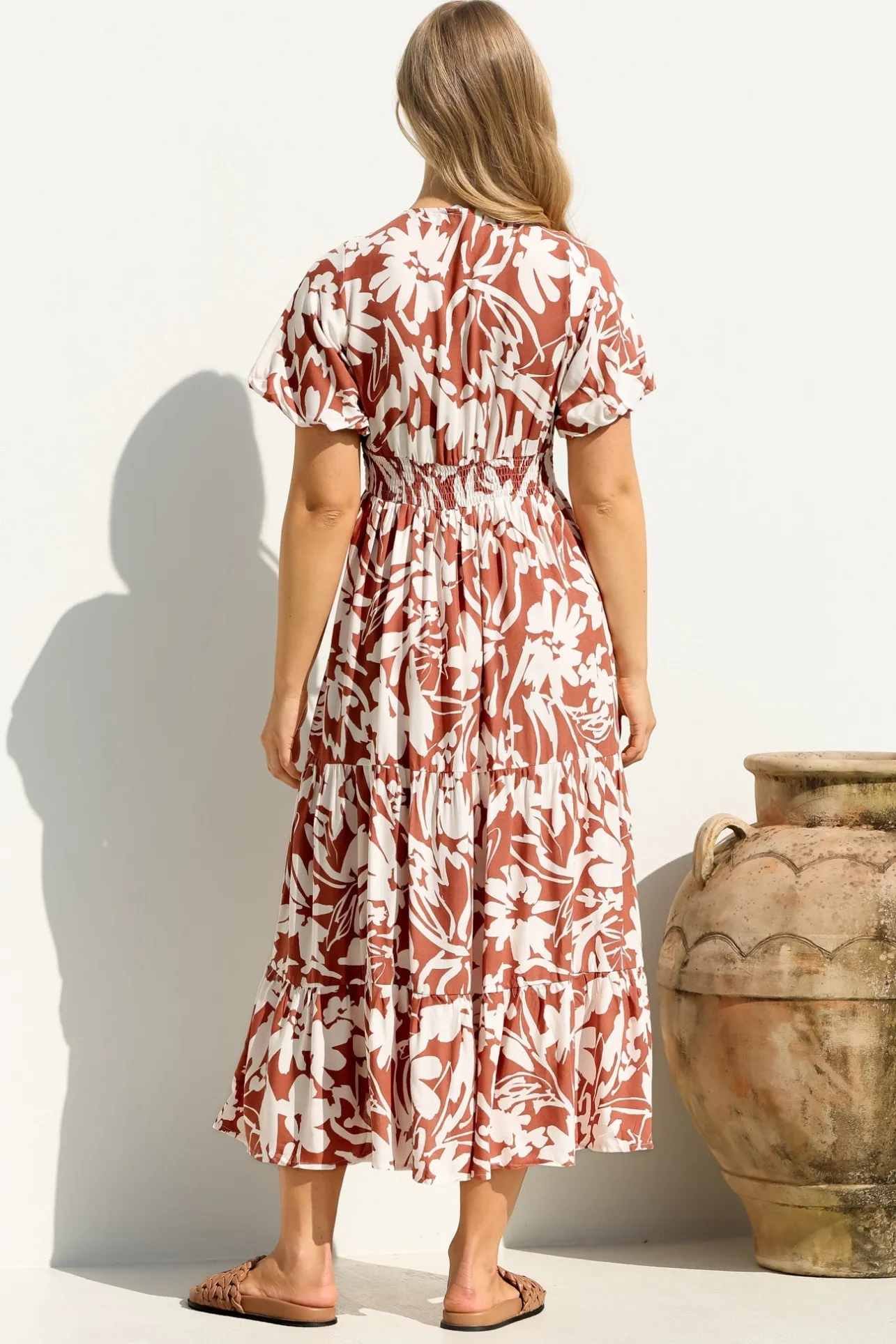 Charis Midi Dress - Pull In V Neckline Dress With Cap Balloon Sleeves In Rust>Salty Crush Sale