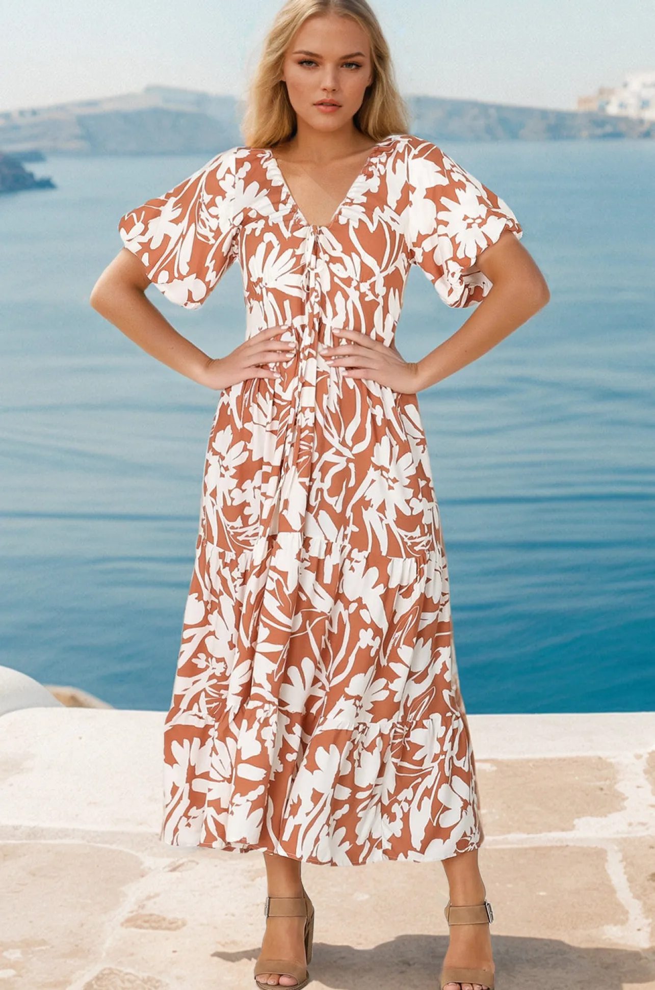 Charis Midi Dress - Pull In V Neckline Dress With Cap Balloon Sleeves In Rust>Salty Crush Sale