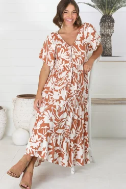 Charis Midi Dress - Pull In V Neckline Dress With Cap Balloon Sleeves In Rust><noscript><img width=