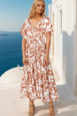Charis Midi Dress - Pull In V Neckline Dress With Cap Balloon Sleeves In Rust><noscript><img width=
