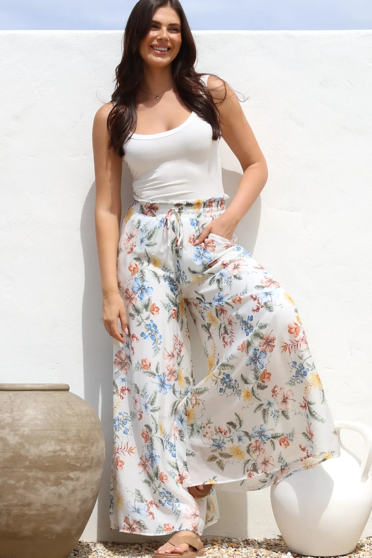 Charli Pants - Paper Bag High Waisted Wide Leg Pants in Veronica Print>Salty Crush Online