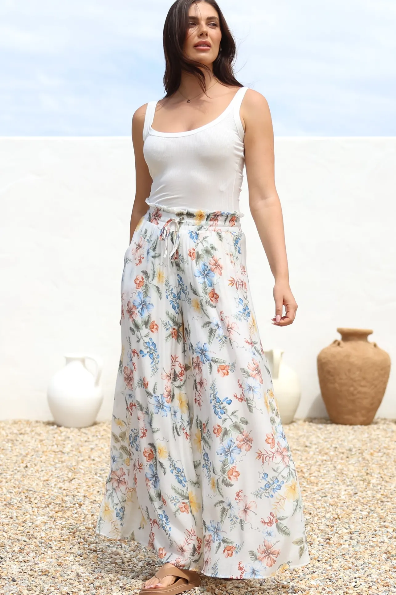 Charli Pants - Paper Bag High Waisted Wide Leg Pants in Veronica Print>Salty Crush Online