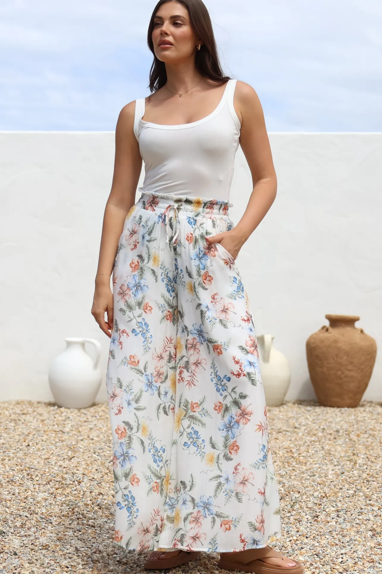 Charli Pants - Paper Bag High Waisted Wide Leg Pants in Veronica Print>Salty Crush Online
