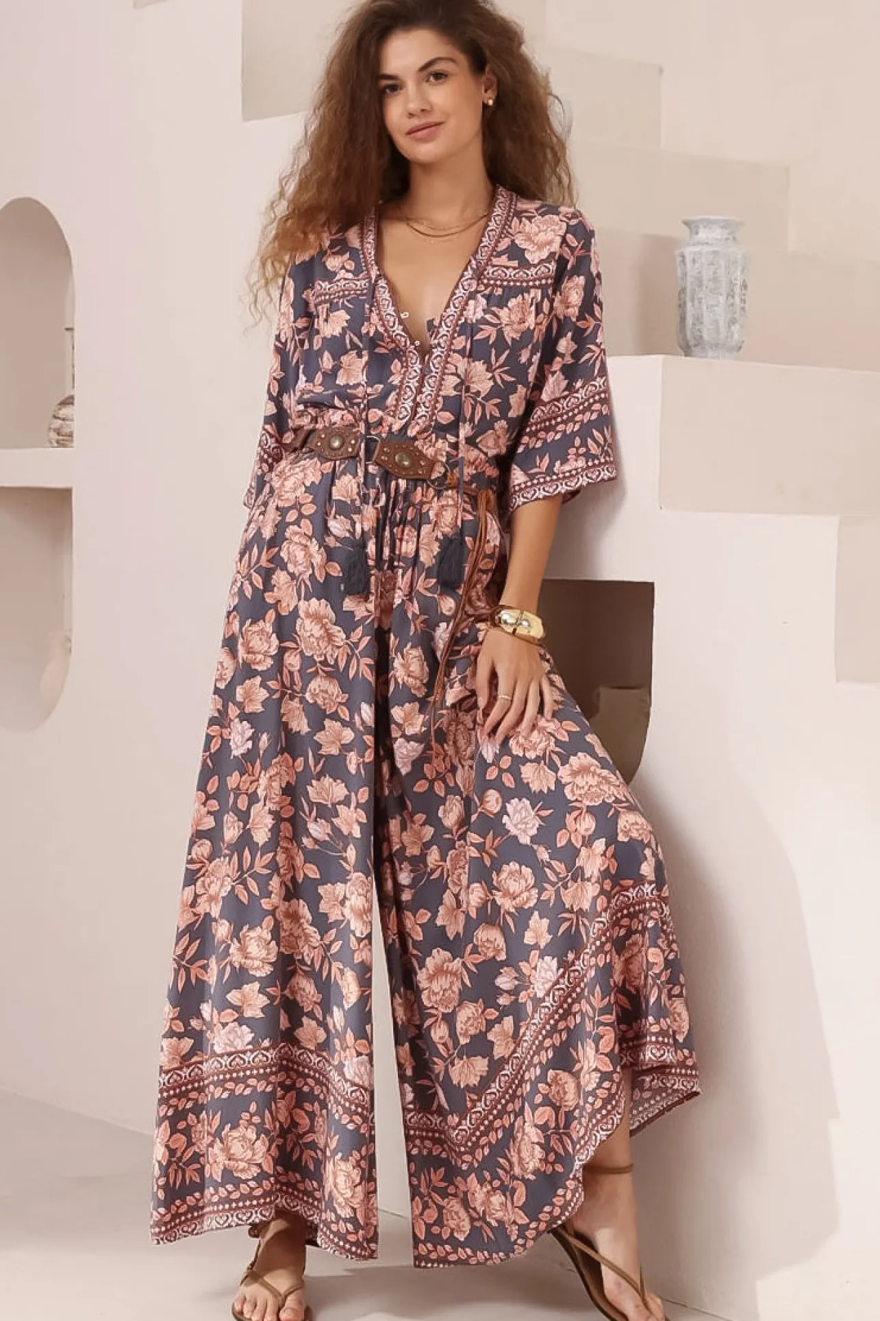 Charli Pants - Paper Bag High Waisted Wide Leg Pants in Leandra Print>Salty Crush Clearance