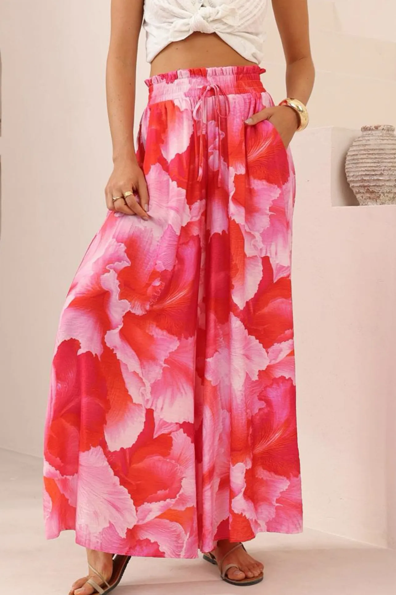 Charli Pants - Paper Bag High Waisted Wide Leg Pants in Greta Print>Salty Crush Sale
