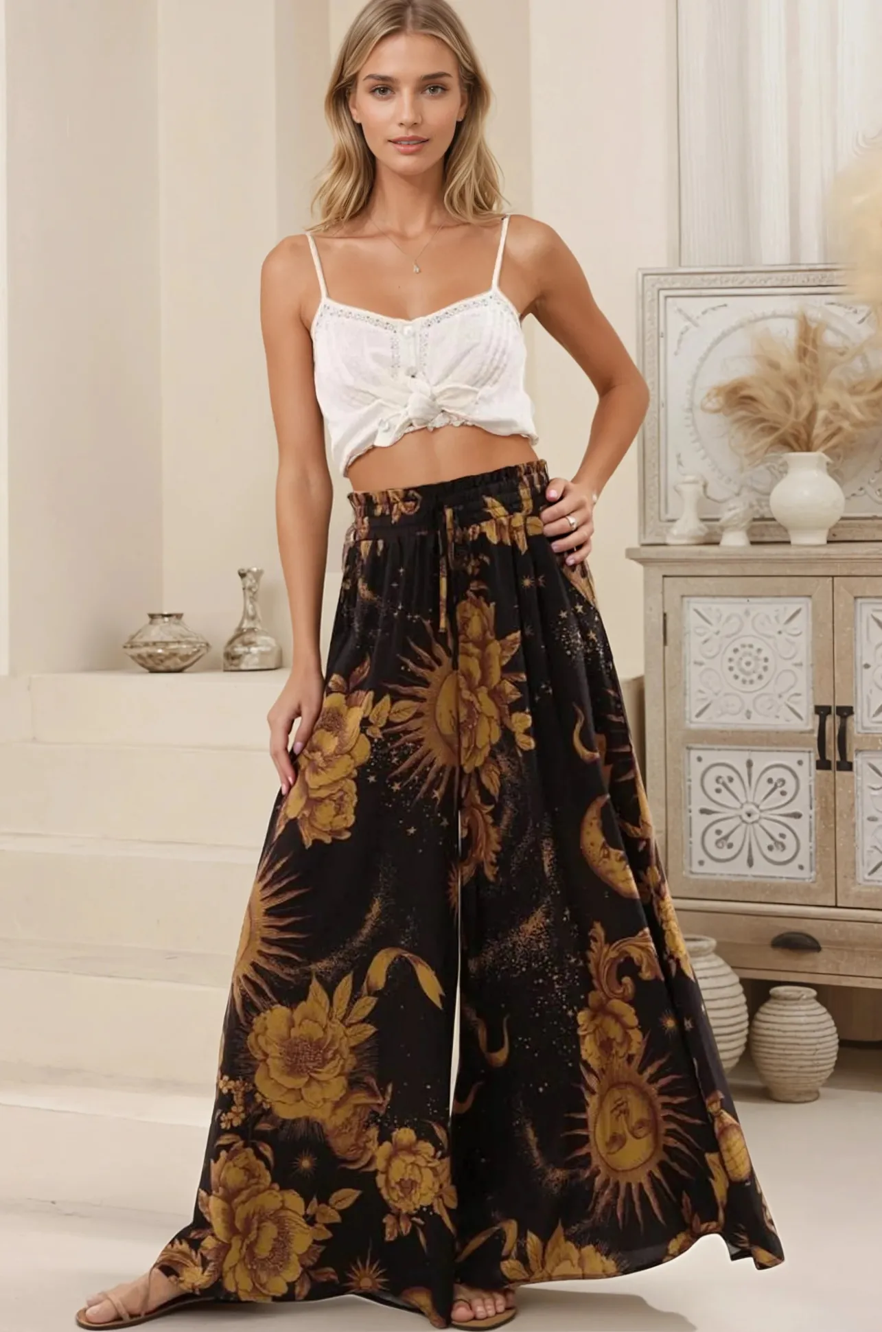 Charli Pants - Paper Bag High Waisted Wide Leg Pants in Goldie Print>Salty Crush Sale
