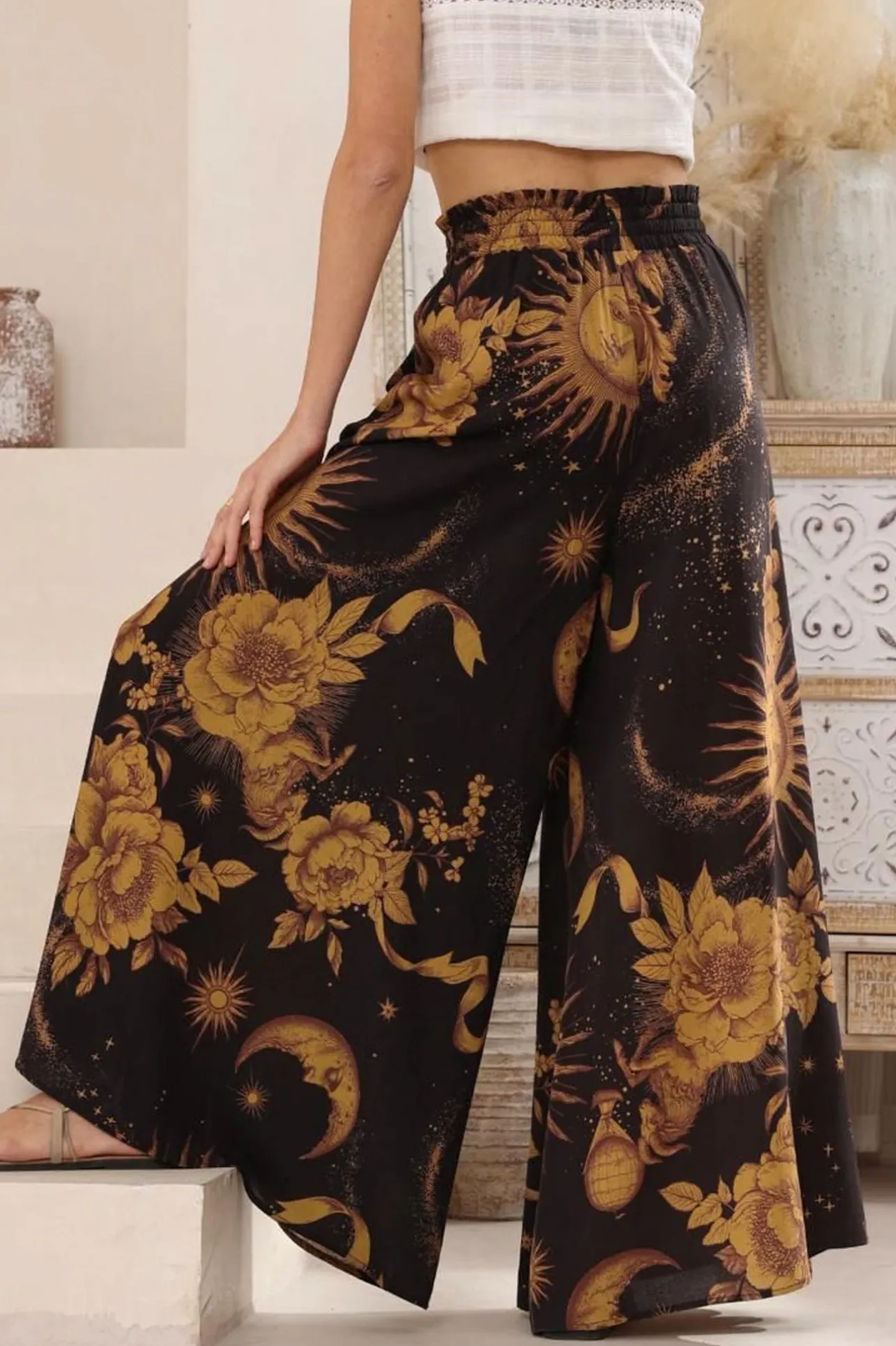 Charli Pants - Paper Bag High Waisted Wide Leg Pants in Goldie Print>Salty Crush Sale
