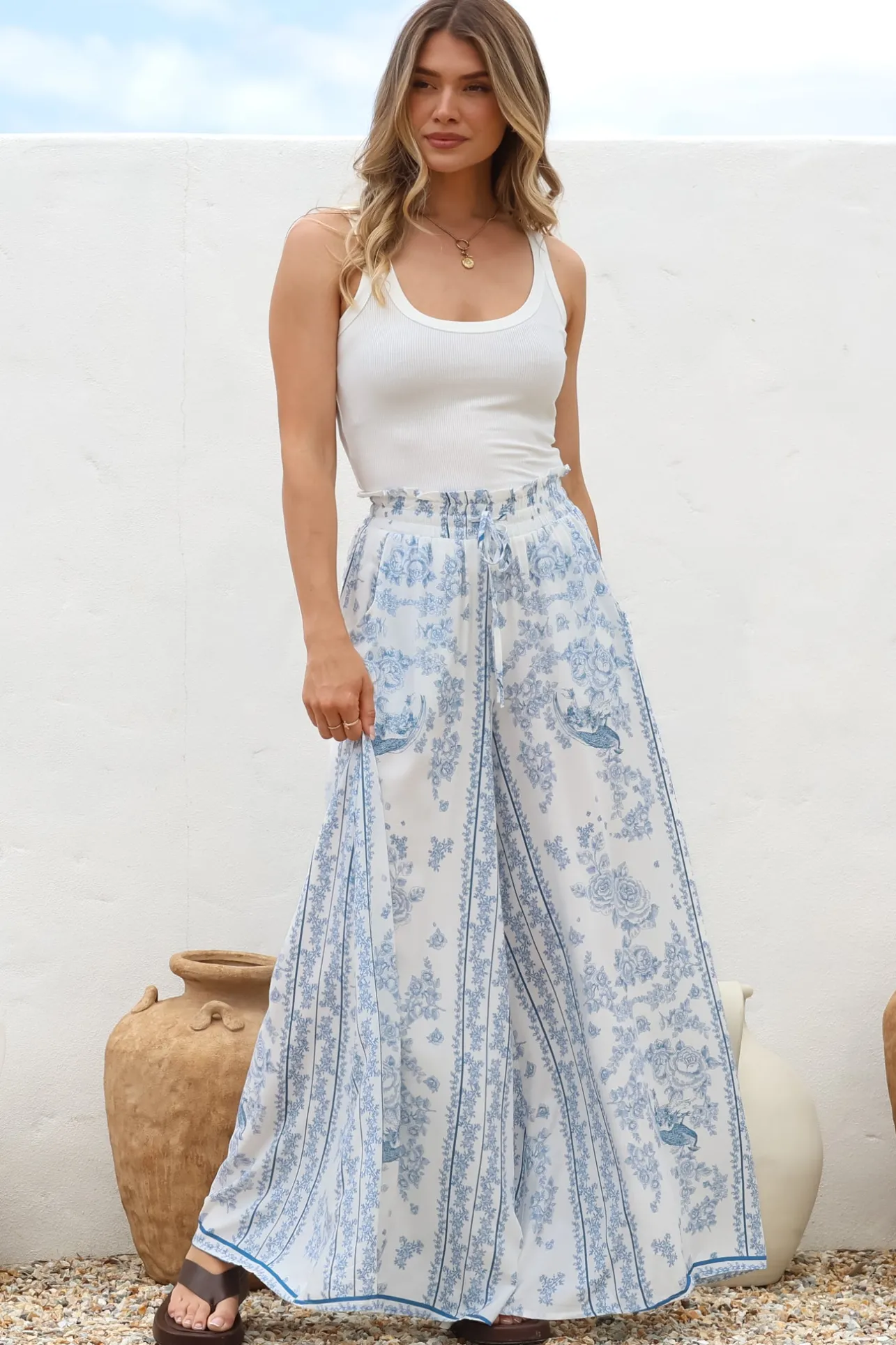 Charli Pants - Paper Bag High Waisted Wide Leg Pants in Josie Print>Salty Crush Best