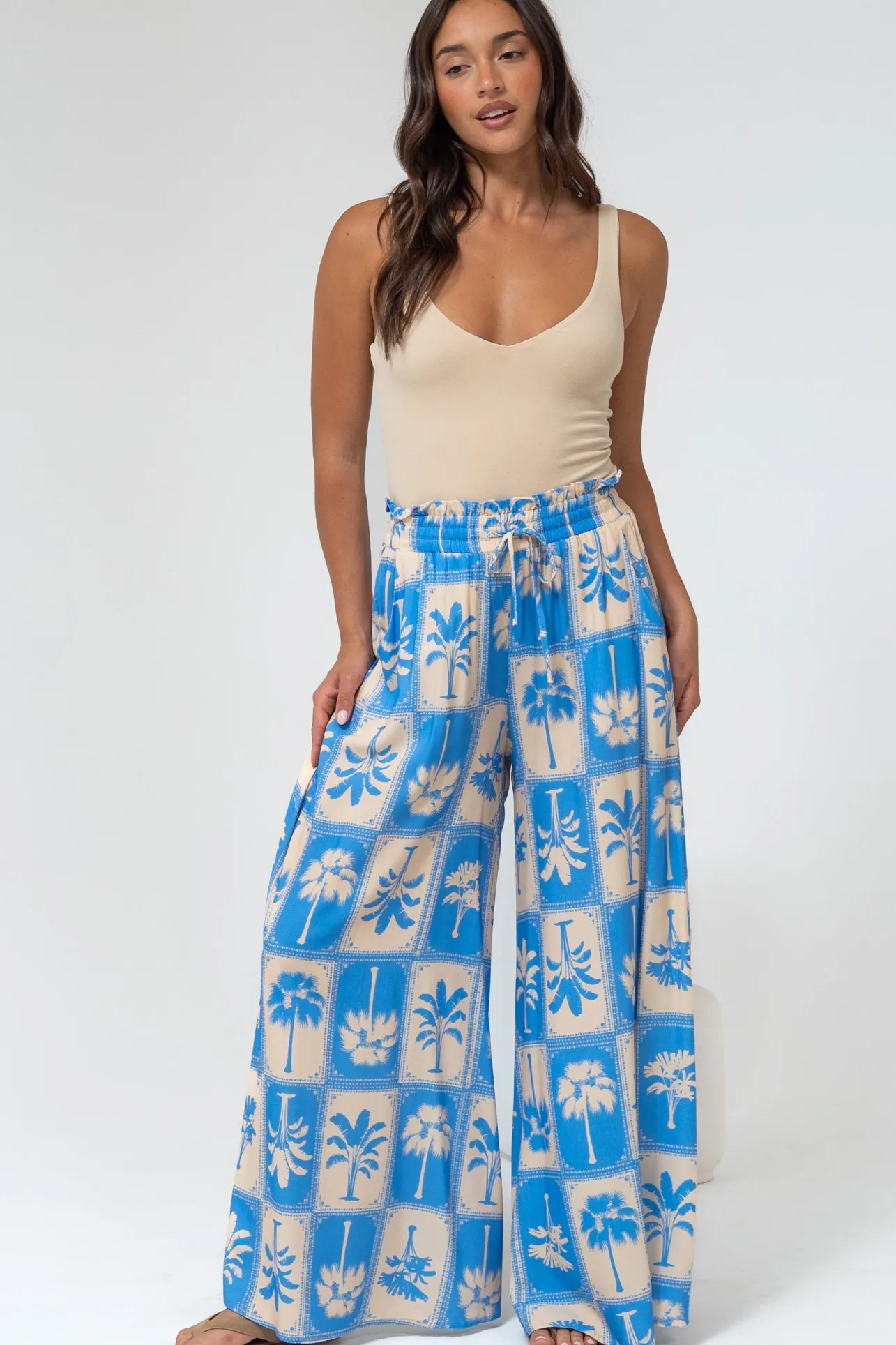 Charli Pants - Paper Bag High Waisted Wide Leg Pants in Maxima Print>Salty Crush Clearance