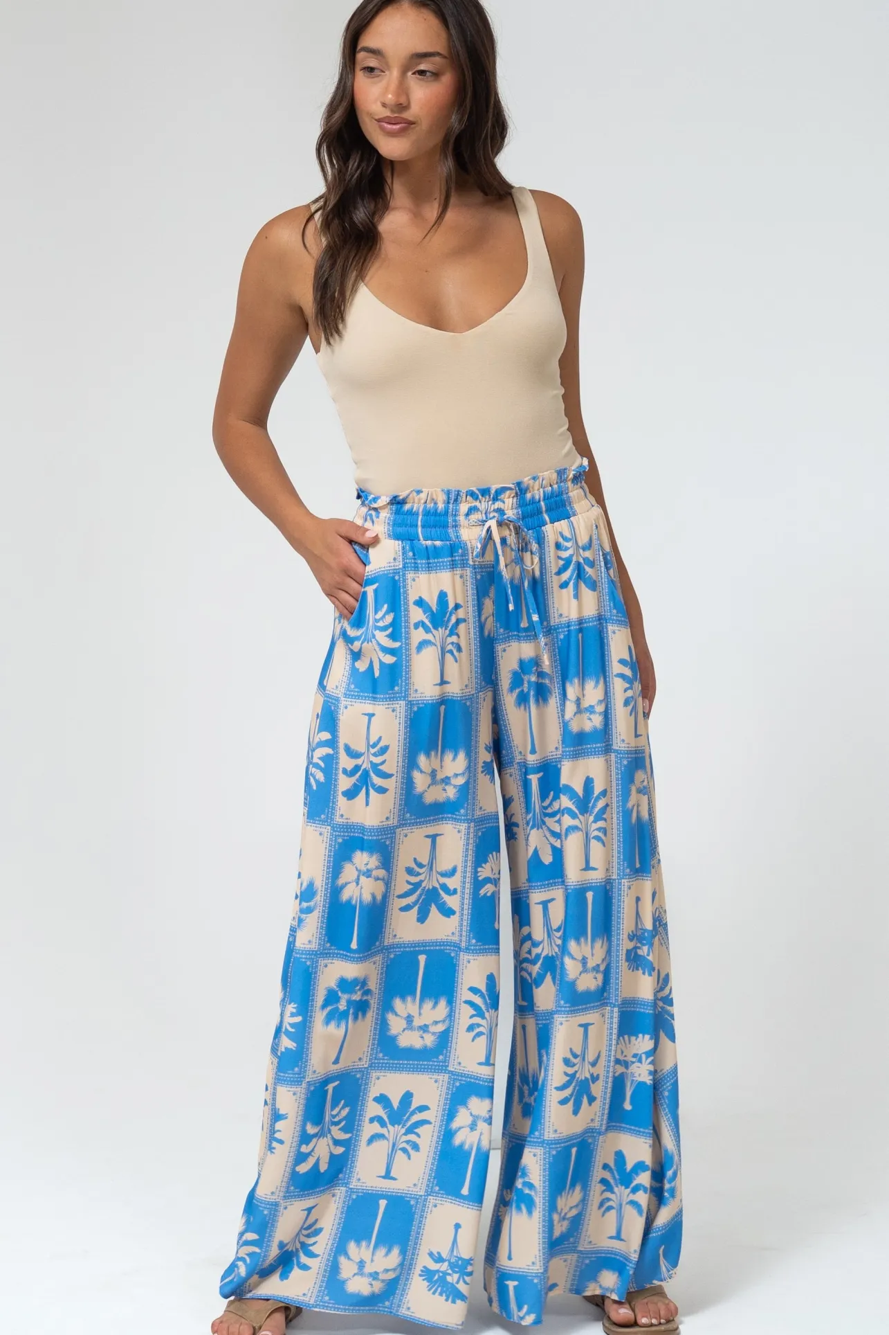 Charli Pants - Paper Bag High Waisted Wide Leg Pants in Maxima Print>Salty Crush Clearance