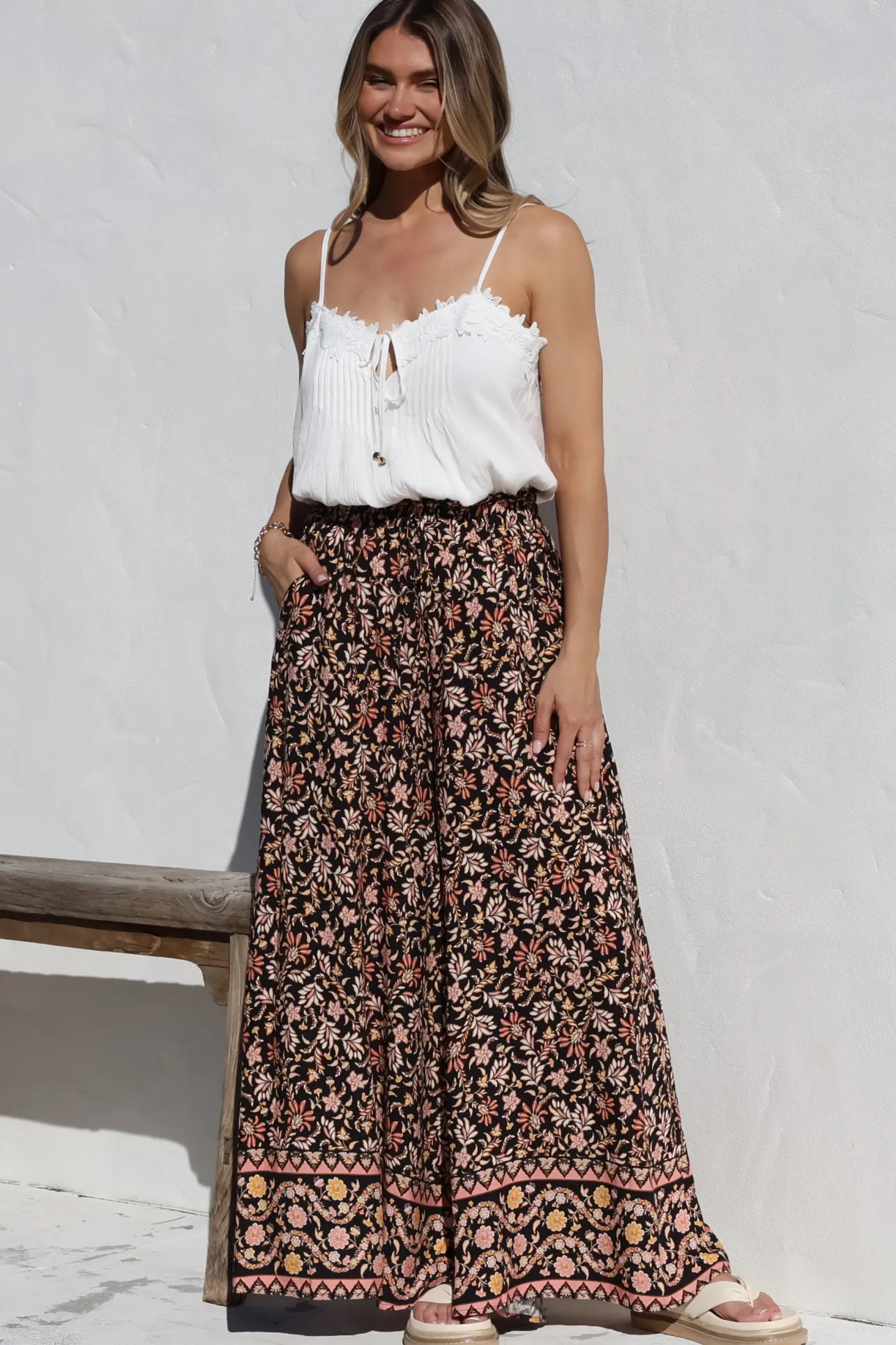 Charli Pants - Paper Bag High Waisted Wide Leg Pants in Amirah Print>Salty Crush New