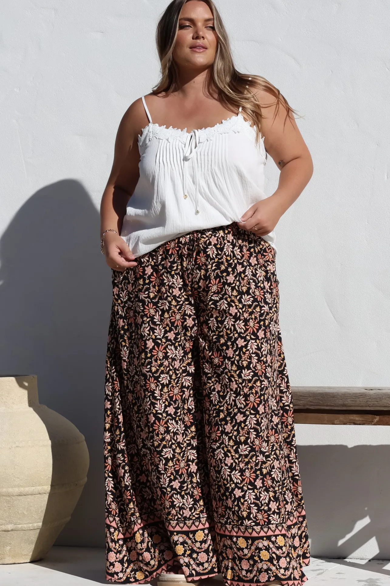 Charli Pants - Paper Bag High Waisted Wide Leg Pants in Amirah Print>Salty Crush New