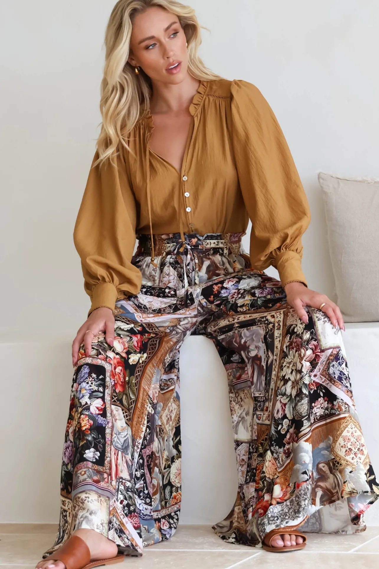 Charli Pants - Paper Bag High Waisted Wide Leg Pants in Elaine Print>Salty Crush Clearance