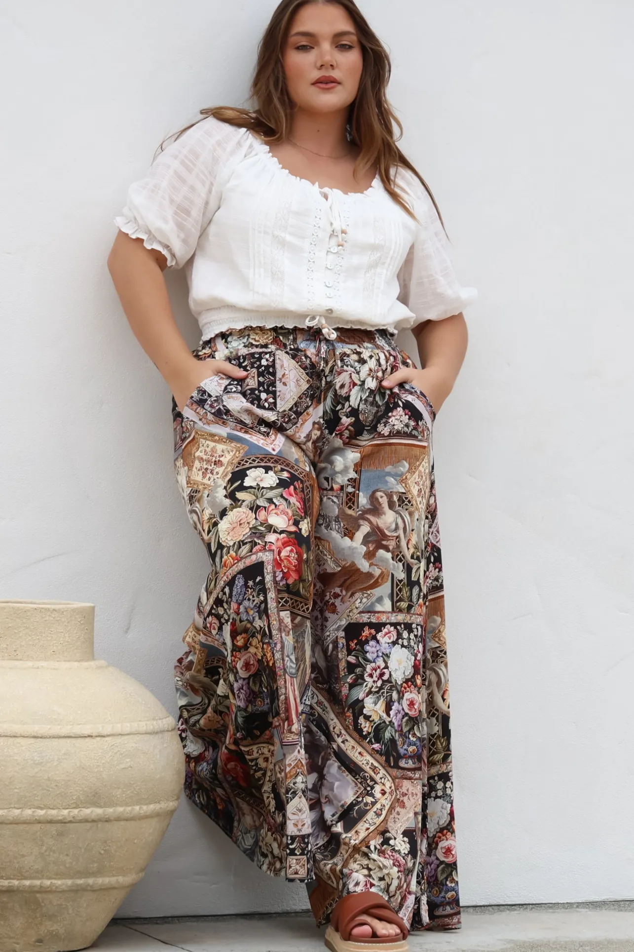 Charli Pants - Paper Bag High Waisted Wide Leg Pants in Elaine Print>Salty Crush Clearance