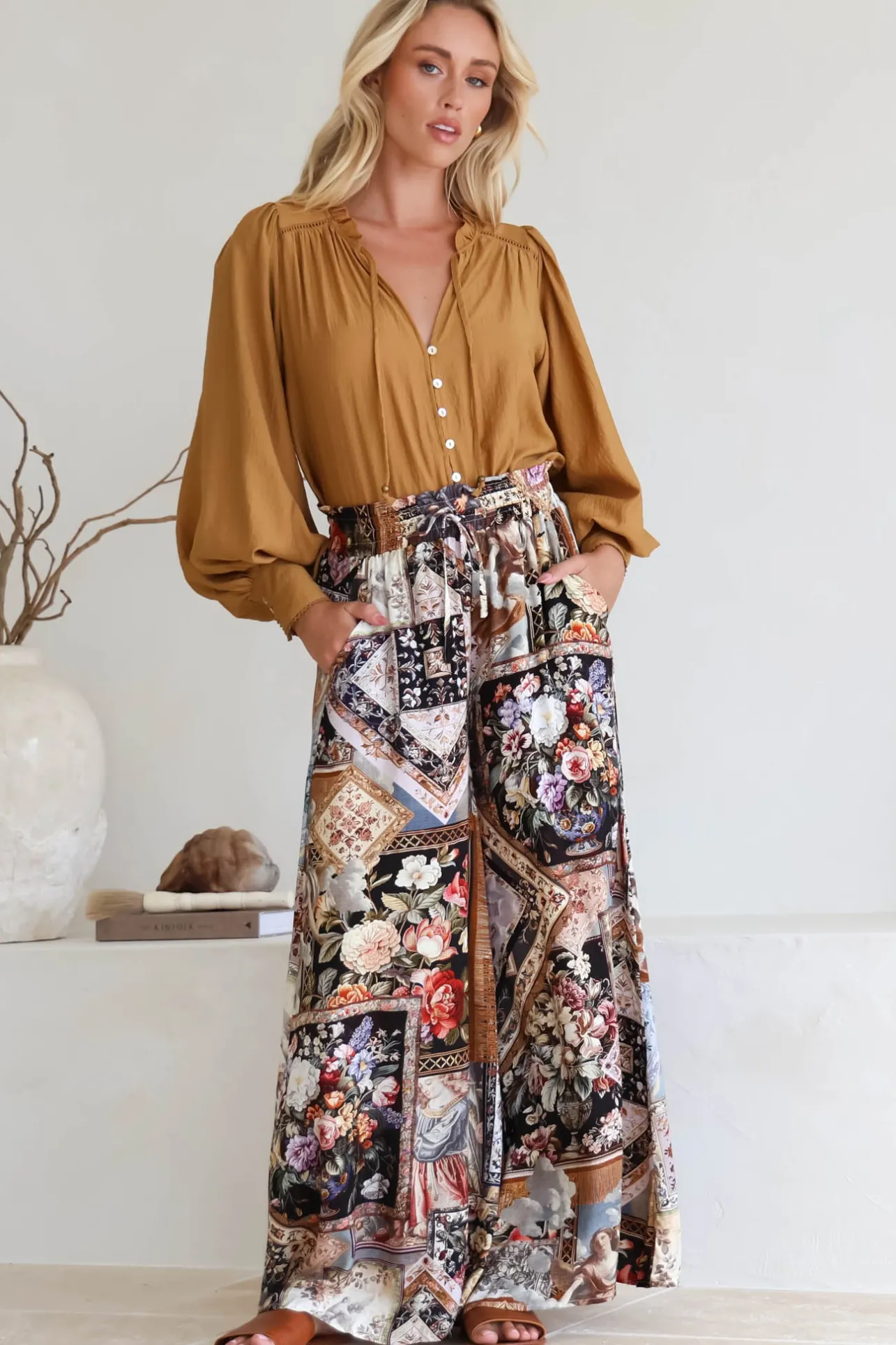 Charli Pants - Paper Bag High Waisted Wide Leg Pants in Elaine Print>Salty Crush Clearance