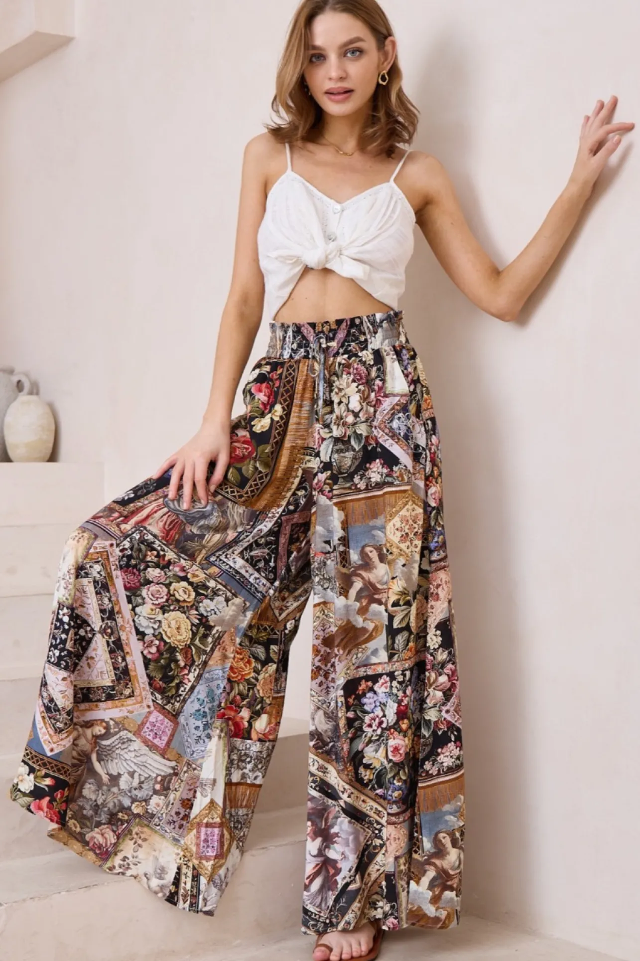 Charli Pants - Paper Bag High Waisted Wide Leg Pants in Elaine Print>Salty Crush Clearance