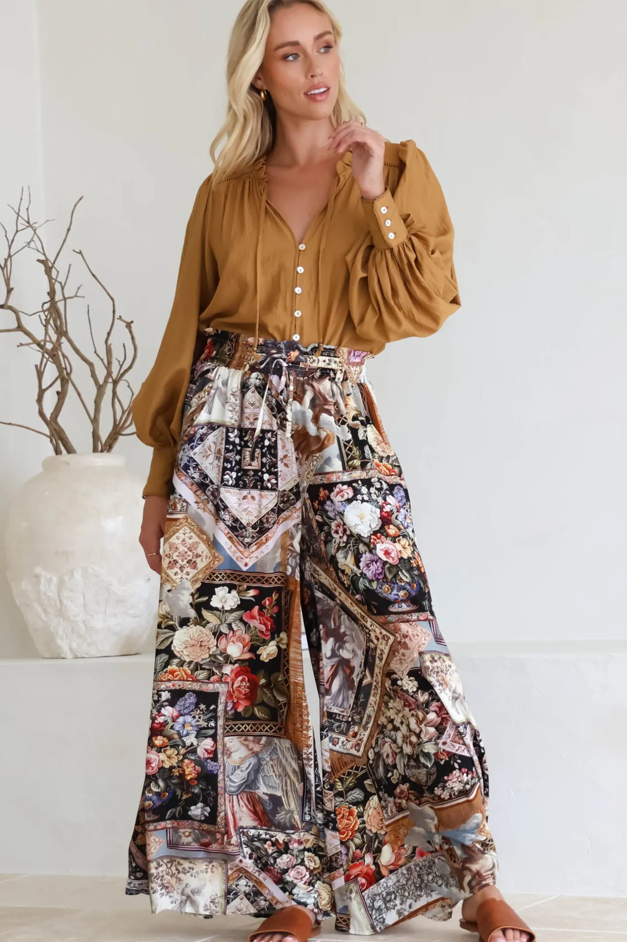 Charli Pants - Paper Bag High Waisted Wide Leg Pants in Elaine Print>Salty Crush Clearance