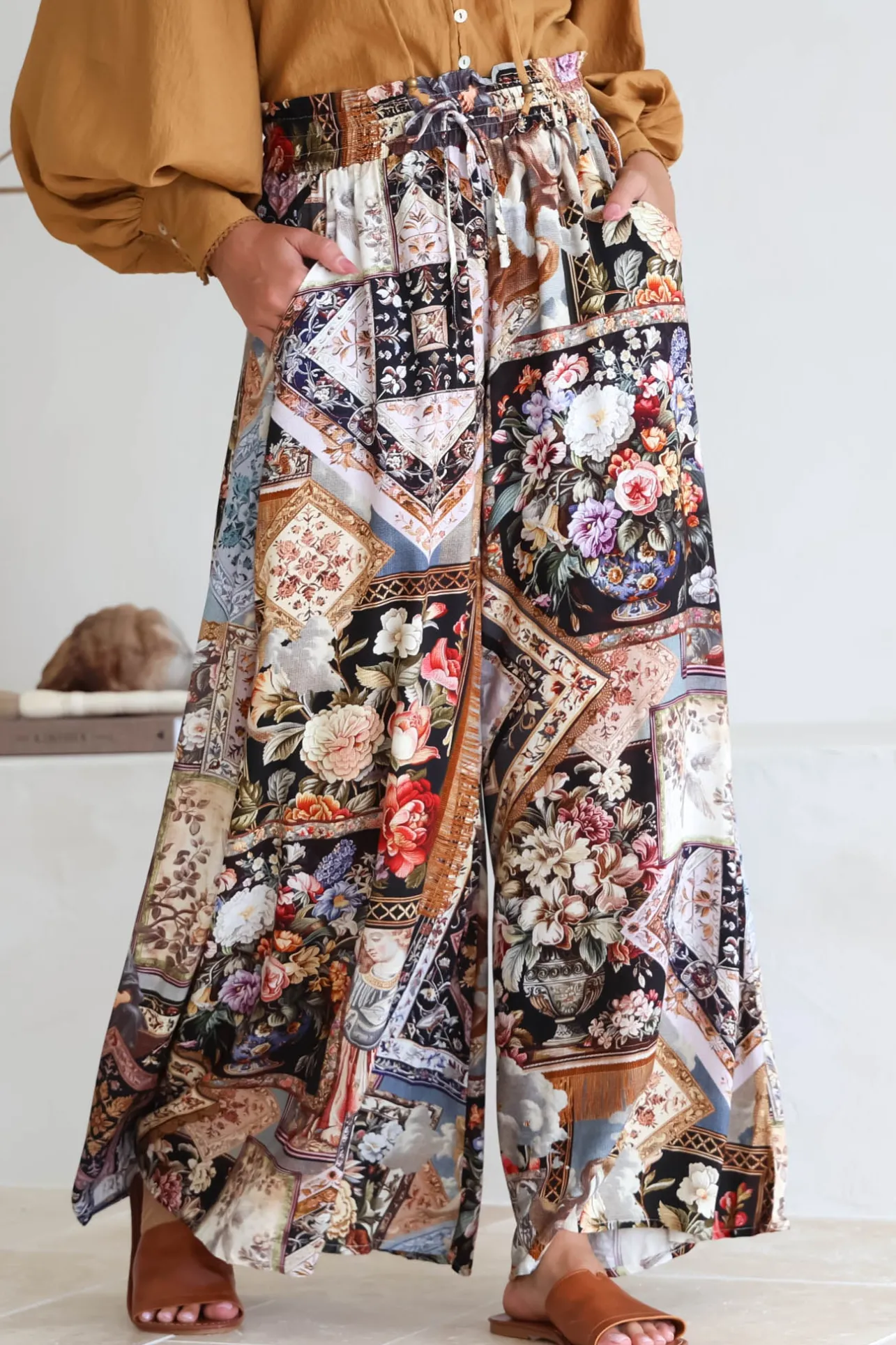 Charli Pants - Paper Bag High Waisted Wide Leg Pants in Elaine Print>Salty Crush Clearance
