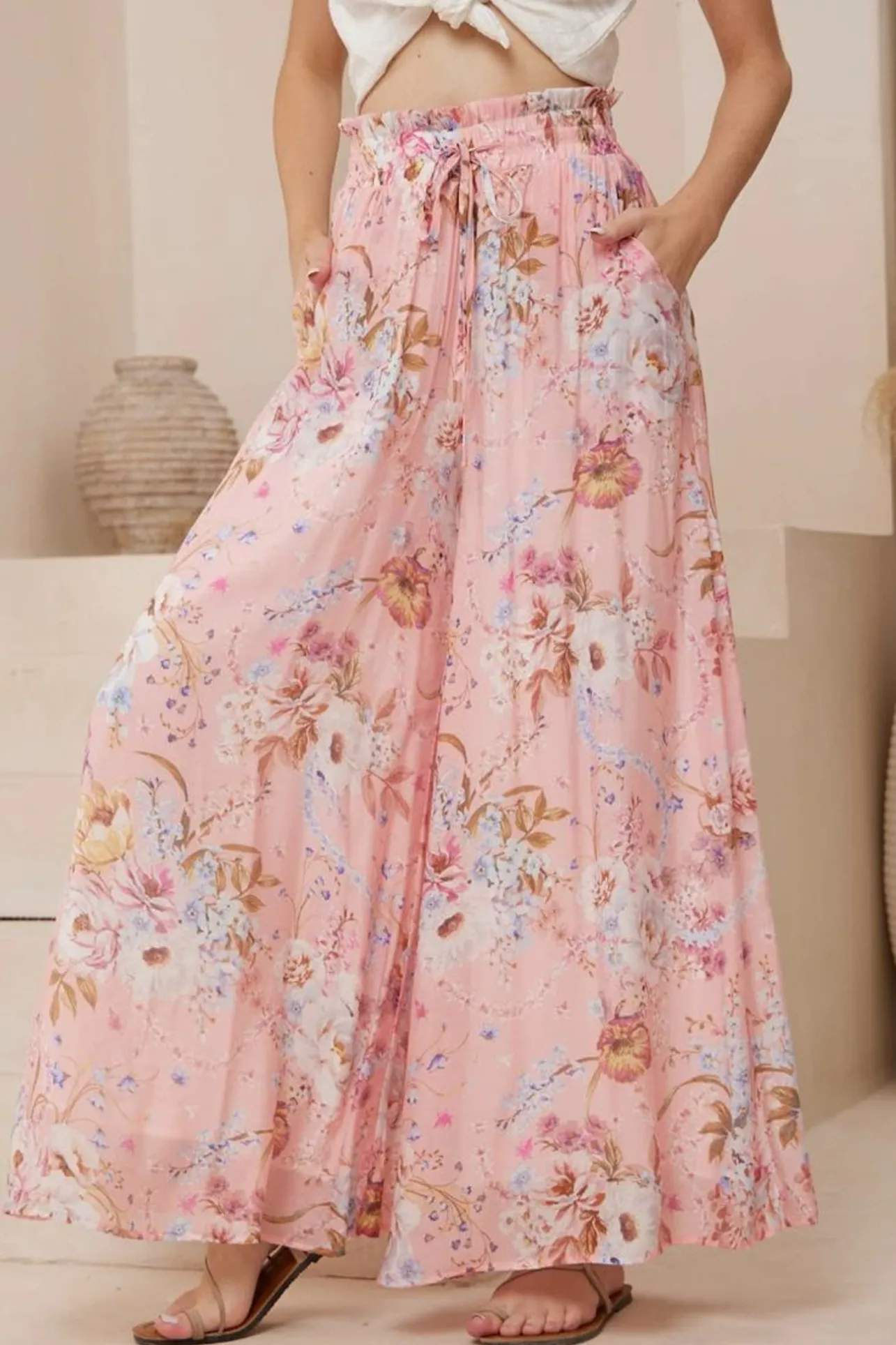 Charli Pants - Paper Bag High Waisted Wide Leg Pants in Ginnee Print>Salty Crush Sale