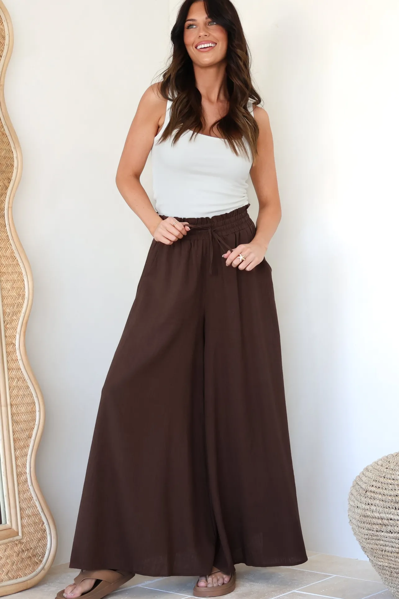 Charli Pants - Paper Bag High Waisted Wide Leg Pants in Brown>Salty Crush Discount