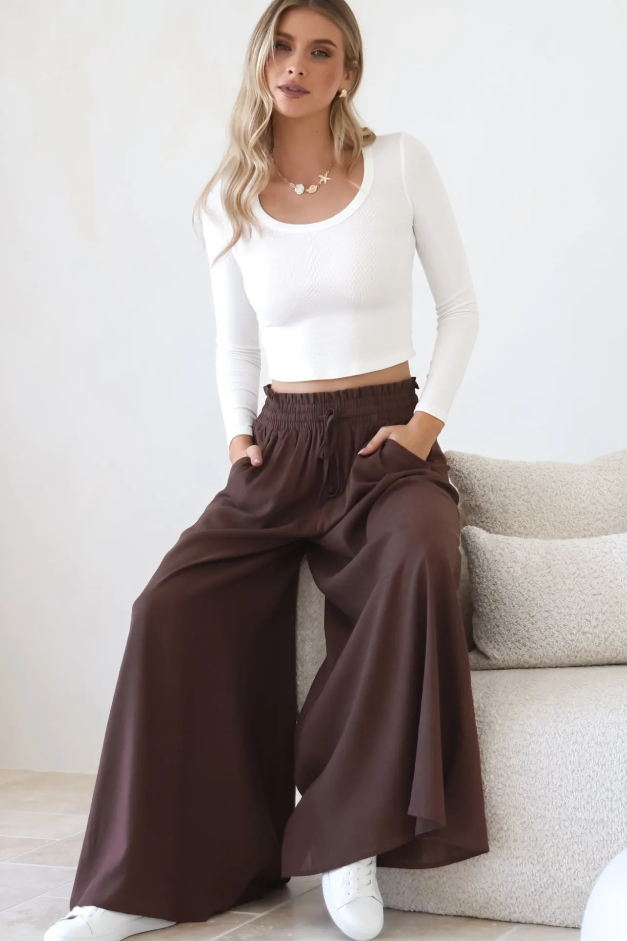 Charli Pants - Paper Bag High Waisted Wide Leg Pants in Brown>Salty Crush Discount
